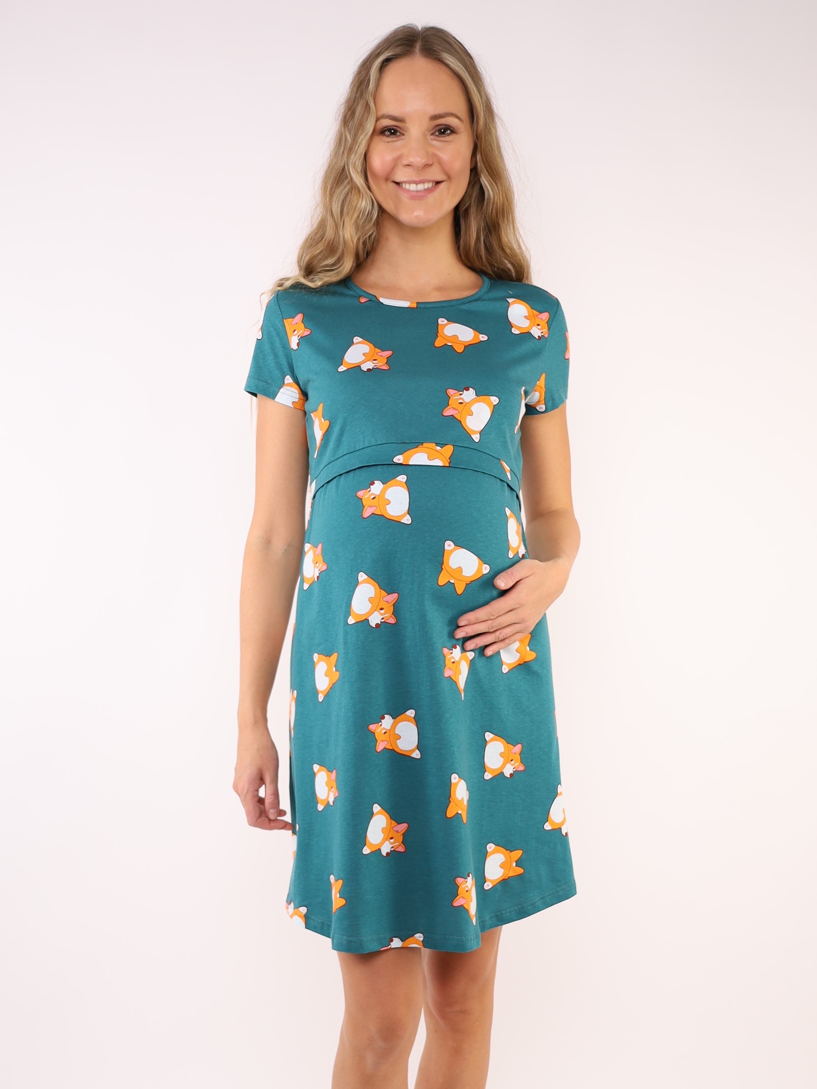 Сорочка для беременных и кормящих (домашнее платье) арт. 360360 зеленый/корги